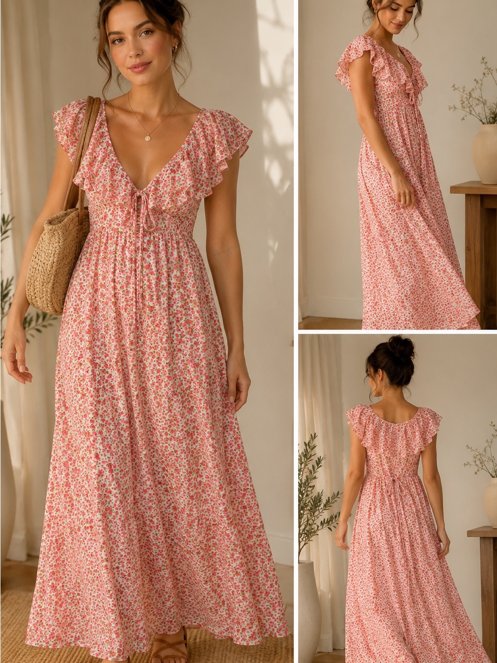 Old Navy Pink Floral Ruffle Maxi Dress Cottagecore Prairie Romantic XL NWT